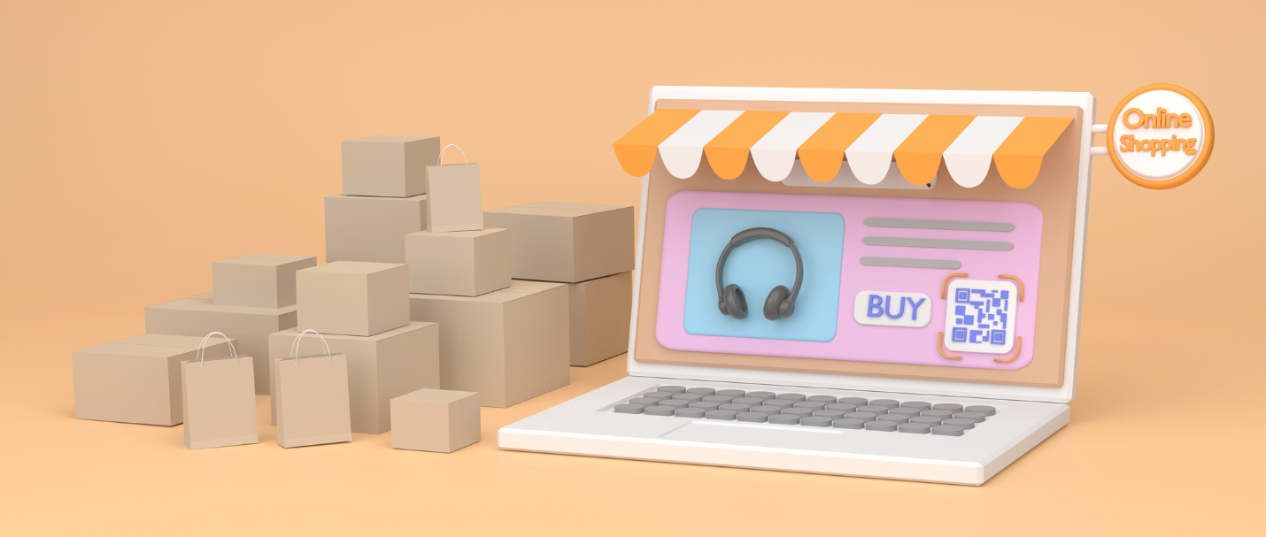 A animated image of laptop that looks like a store window surrounded by delivery boxes
