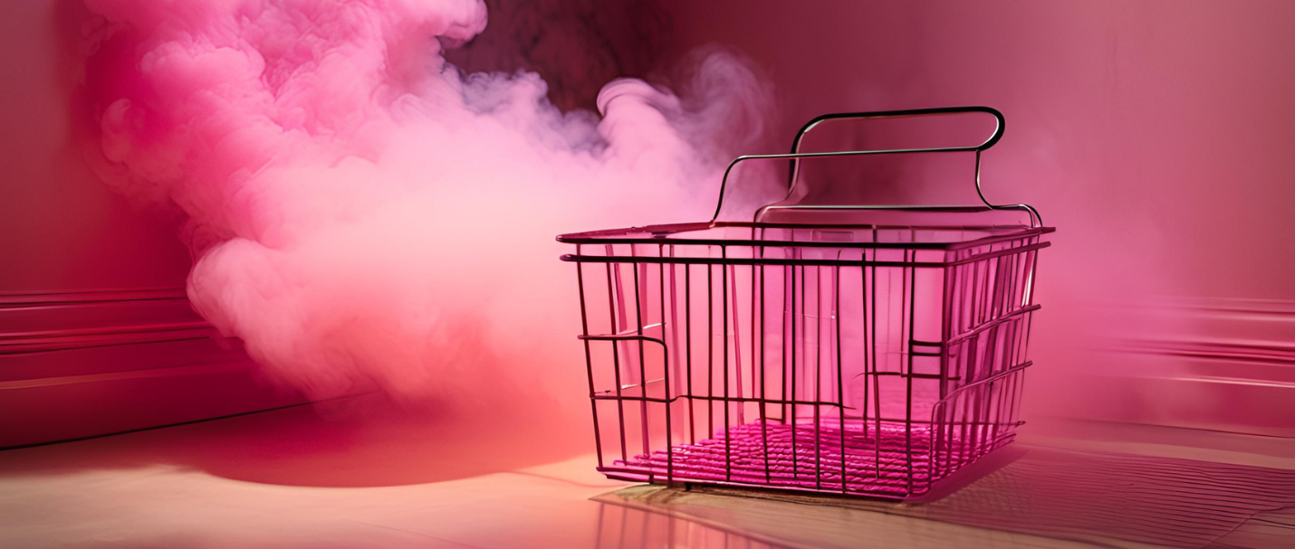 A shopping cart with pink smoke coming off it.