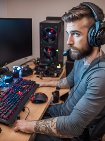 good looking man with tattoos at his computer with headphones on.